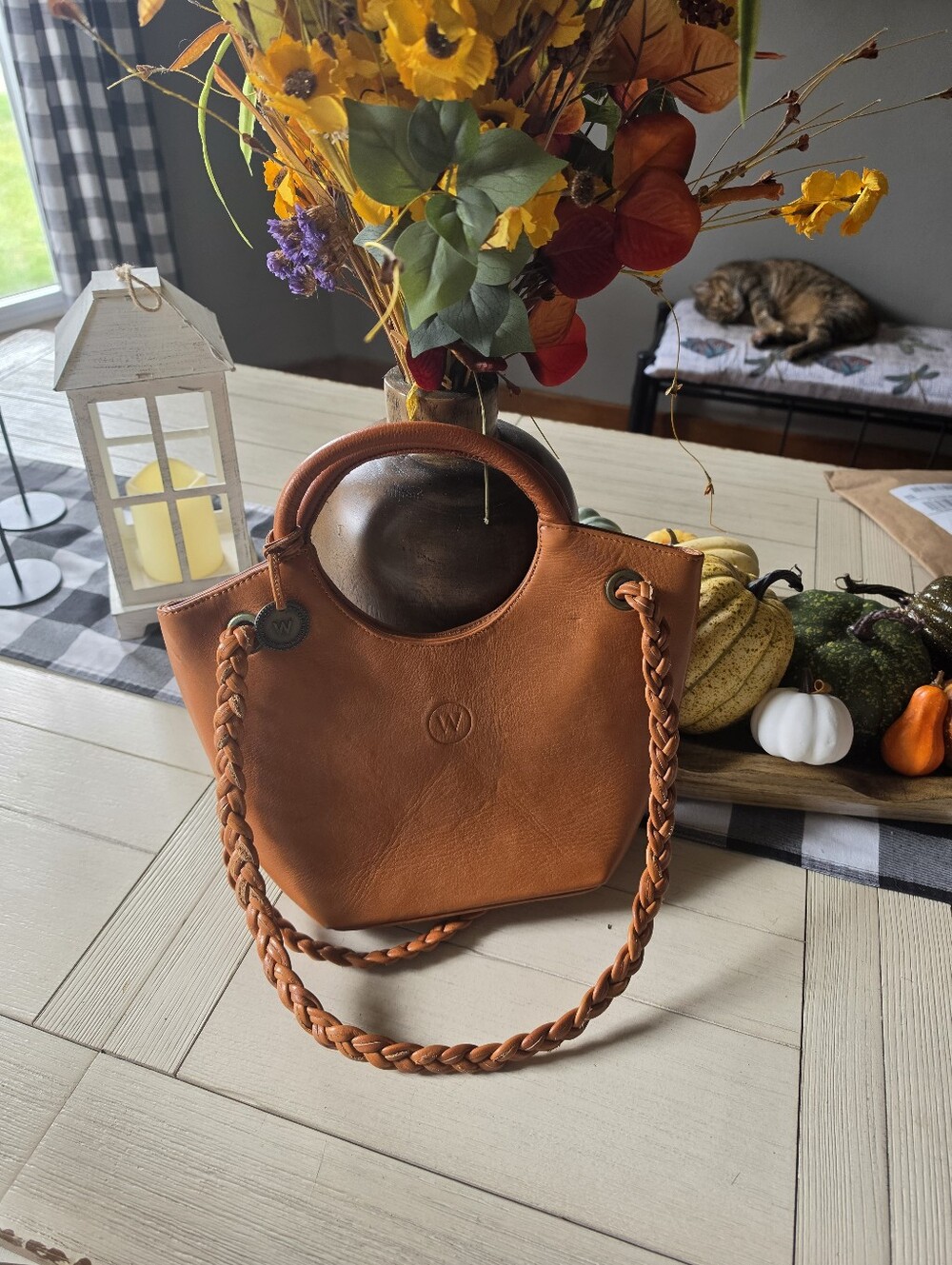 Women's Tan Leather Shoulder Bag with Braided Strap